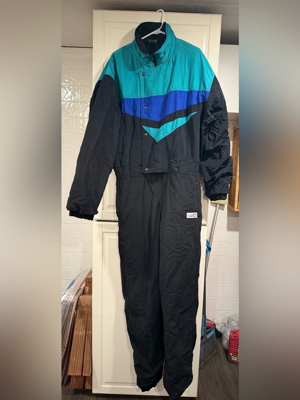 Golden team Vintage Ski Suit with Teal & Royal Blue Chevron 5:8